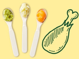 Tres cucharas con comida para bebé junto a la ilustración verde de una pierna de pollo.
