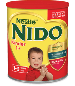 A canister of Nido 1+ with a shield that reads “immunity, Vitamins A, C, & D, Iron, and Zinc” near a young boy clapping.
