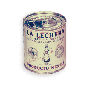 Una lata antigua de leche condensada azucarada La Lechera.