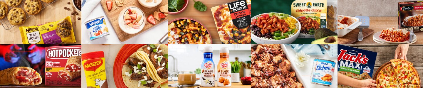  Nestlé brands like Toll House, Media Crema, Life Cuisine, Sweet Earth, Stouffer’s, and more with product packaging & recipes.