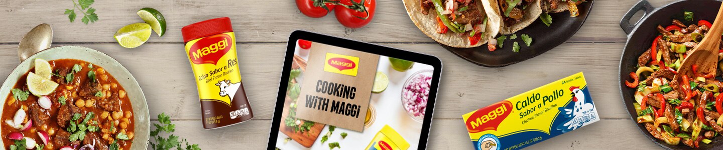 Recetas Maggi en una tableta rodeada de dos productos Maggi, tacos, salteados, verduras y sopa.