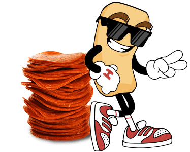'¡Herbie lo aprueba!' junto a una pila de Pepperoni y Herbie con gafas de sol.