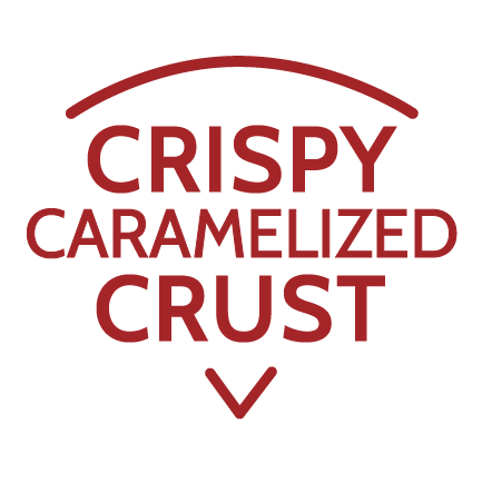 The words "CRISPY CARAMELIZED CRUST." outlined in the shape of a pizza slice.
