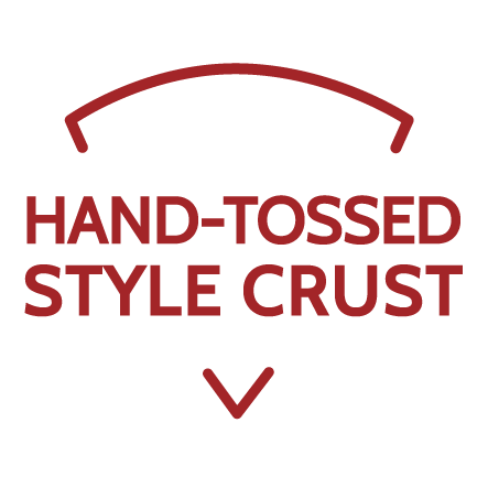 Silueta de una porción de pizza con las palabras "masa estilo hand-tossed" escritas en rojo en el centro
