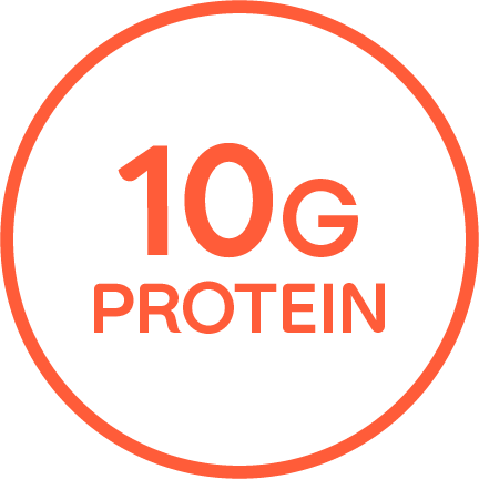 "10 G DE PROTEÍNA" escrito en un círculo con contorno color naranja.