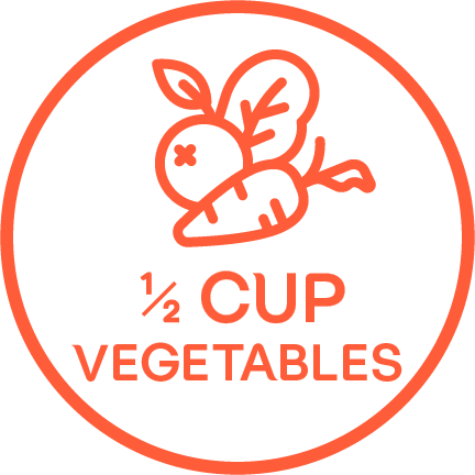 "1/2 cup vegetables" in white circle with orange writing