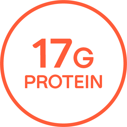 "17 G DE PROTEÍNA" escrito en un círculo con contorno color anaranjado.