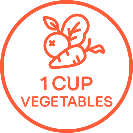 Una zanahoria y un rábano dibujados sobre las palabras "1 TAZA DE VERDURAS" en un círculo naranja.