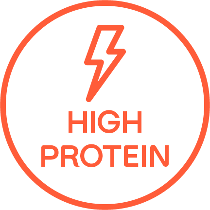 A lightning bolt above the words "HIGH PROTEIN" in an orange outlined circle.