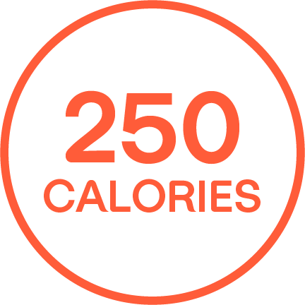 "250 CALORÍAS" escrito en un círculo con contorno color anaranjado.