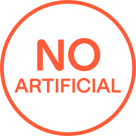 "SIN INGREDIENTES ARTIFICIALES" escrito en un círculo con contorno color anaranjado.