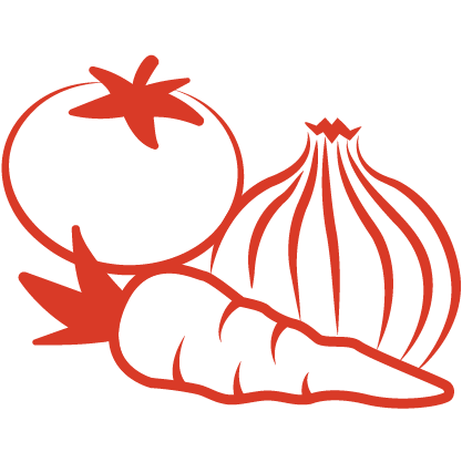 A picture of a tomato, carrot and onion