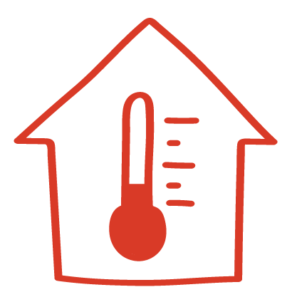 El contorno rojo de una casa con un termostato en el centro