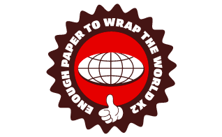 Insignia con mundo y pulgar hacia arriba con texto alrededor que lee "Suficiente material para envolver al mundo 2 veces".