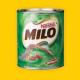 Un chico joven se sienta en la mesa de la cocina con un tazón de fruta y un vaso de MILO.